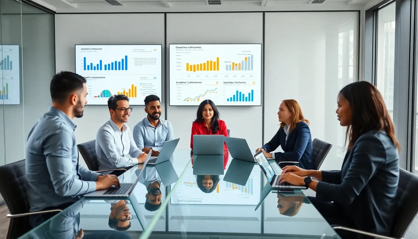 diverse team discussing procurement technologies in a modern office.